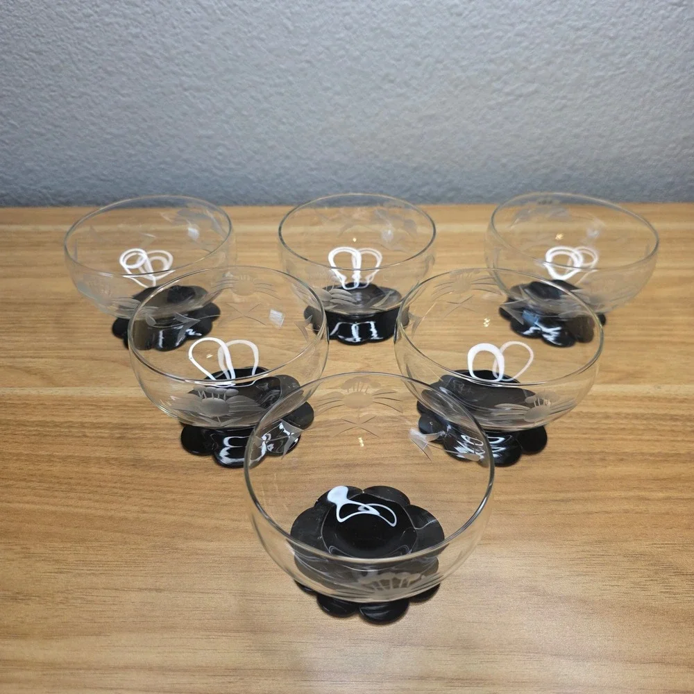 Rare 6 Weston Black Lily Pad Foot Base Champagne Sherbet Glasses Etched Floral